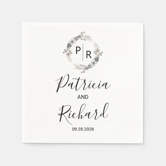 Serviette En Papier Monogramme Aquarelle Florale Mariage (Devant)