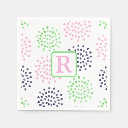 Serviette En Papier Monogramme aquarelle motif fleurs vert marine rose (Devant)