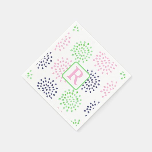 Serviette En Papier Monogramme aquarelle motif fleurs vert marine rose (Coin)