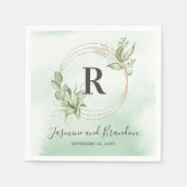 Serviette En Papier Monogramme Aquarelle Verdure Mariage Or (Devant)