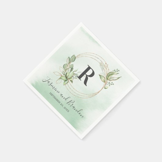 Serviette En Papier Monogramme Aquarelle Verdure Mariage Or (Coin)