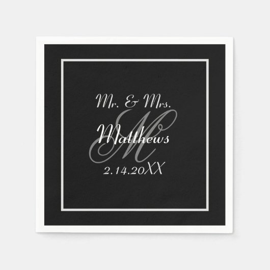 Serviette En Papier Monogramme Black Bride Groom Date Mariage (Devant)