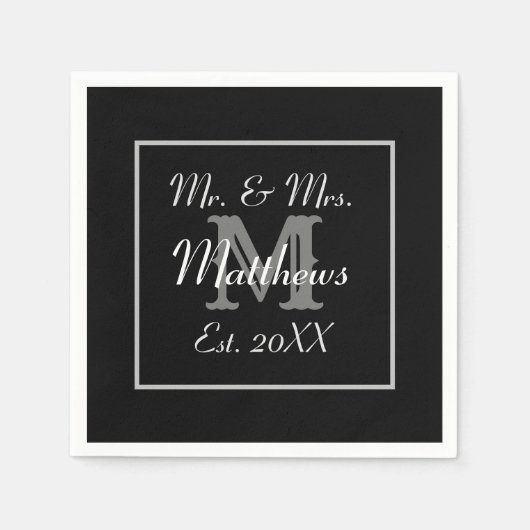 Serviette En Papier Monogramme Black Bride Groom Date Mariage Papier (Devant)