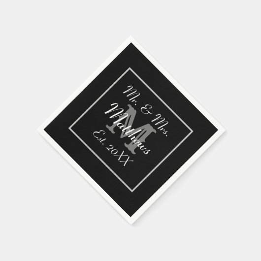 Serviette En Papier Monogramme Black Bride Groom Date Mariage Papier (Coin)