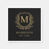 Serviette En Papier Monogramme Black Gold Crest Mariage botanique (Devant)