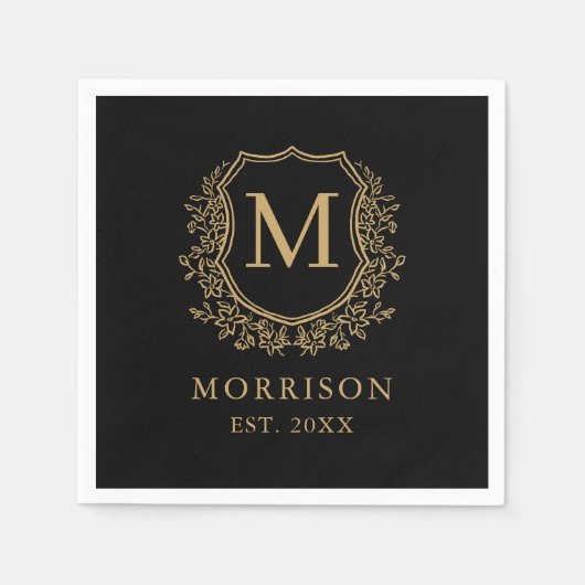 Serviette En Papier Monogramme Black Gold Crest Mariage botanique (Devant)