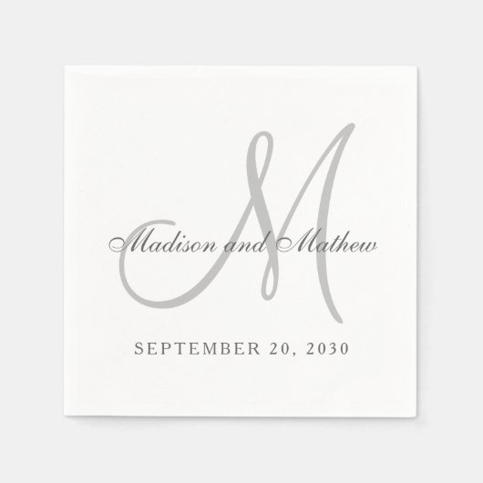 Serviette En Papier Monogramme blanc gris classique Mariage élégant (Devant)