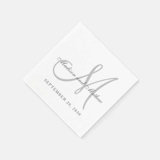 Serviette En Papier Monogramme blanc gris classique Mariage élégant (Coin)