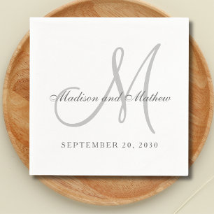 Serviette En Papier Monogramme blanc gris classique Mariage élégant