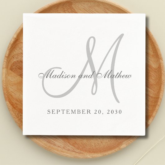 Serviette En Papier Monogramme blanc gris classique Mariage élégant