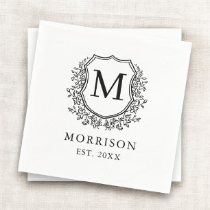 Serviette En Papier Monogramme Blanc Noir Crest Mariage botanique