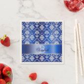 Serviette En Papier Monogramme bleu et blanc Damas (En situation)