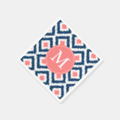 Serviette En Papier Monogramme bleu et corail Motif Ikat (Coin)