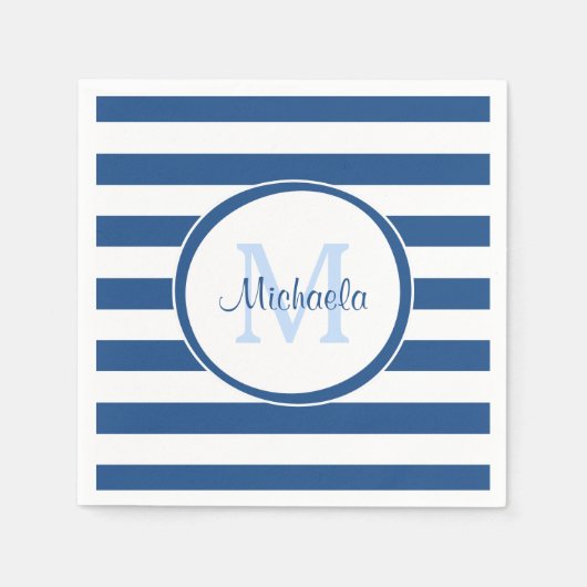 Serviette En Papier Monogramme bleu hanche et bandes horizontales (Devant)