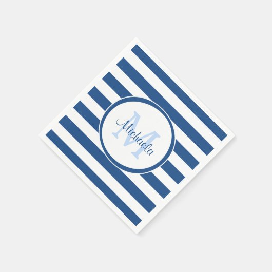 Serviette En Papier Monogramme bleu hanche et bandes horizontales (Coin)