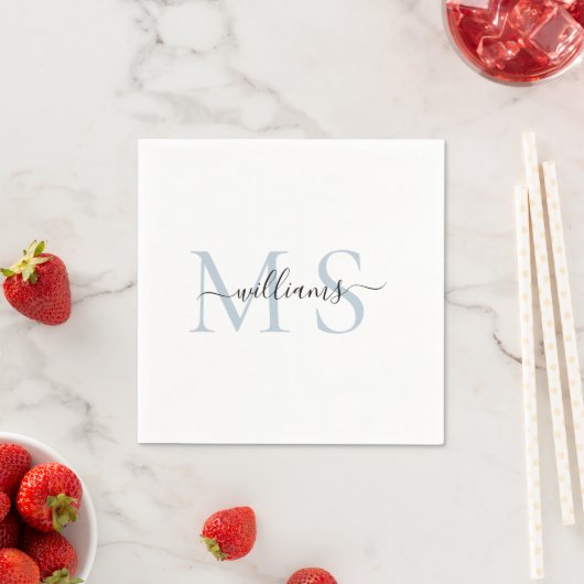 Serviette En Papier Monogramme bleu noir et blanc Nom Mariage Napkins (En situation)