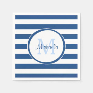 Serviette En Papier Monogramme bleu riche de hanche et rayures