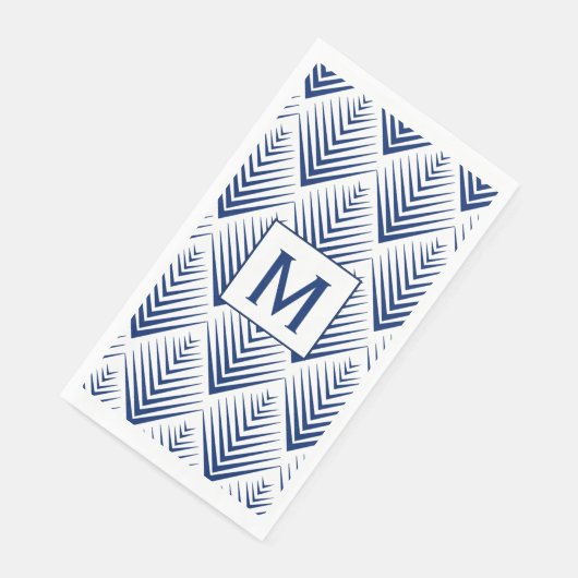 Serviette En Papier Monogramme Bleu sur Fleurs de Ventilateurs Blancs  (Coin)