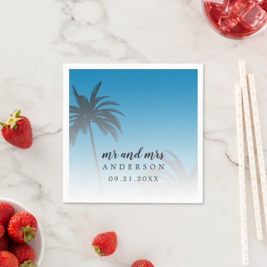 Serviette En Papier Monogramme Blue Tropical Palm Tree Beach Mariage (En situation)
