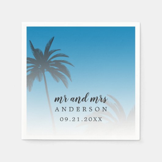 Serviette En Papier Monogramme Blue Tropical Palm Tree Beach Mariage (Devant)
