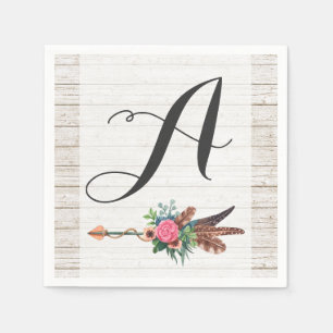 Serviette En Papier Monogramme Bohème Rustique Plumes Flèche Mariage