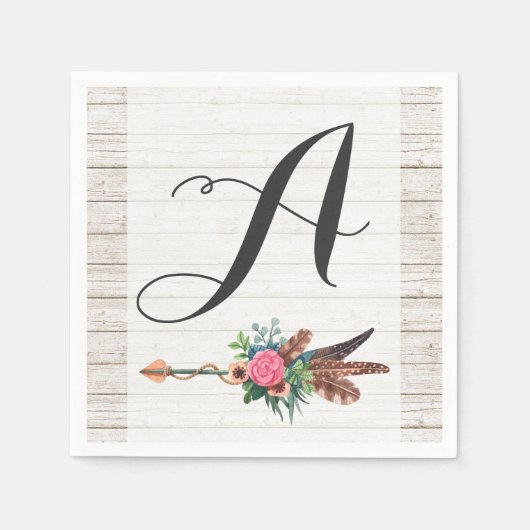 Serviette En Papier Monogramme Bohème Rustique Plumes Flèche Mariage (Devant)