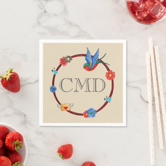 Serviette En Papier Monogramme Boho Bluebird (En situation)