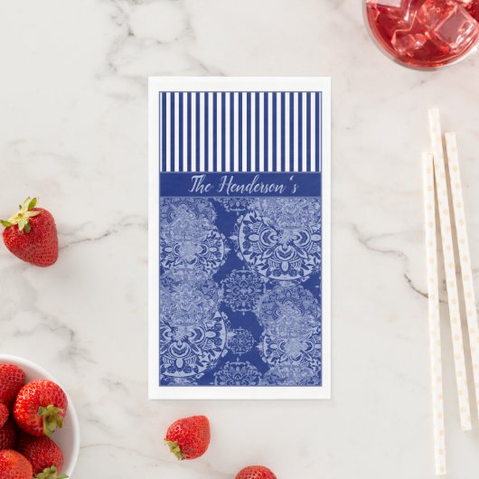 Serviette En Papier Monogramme Boho Moody Blues Mandalas and Stripes (En situation)