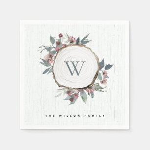 SERVIETTE EN PAPIER MONOGRAMME BOTANIQUE ROSE EN BOIS NOM DE LA FAMILL