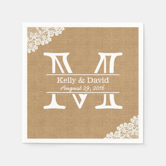 Serviette En Papier Monogramme Burlap & dentelle Mariage rustique (Devant)