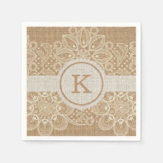 Serviette En Papier Monogramme Burlap & Lace (Devant)