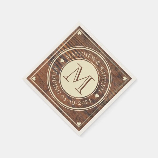 Serviette En Papier Monogramme cardiaque Mariage rustique en noix fonc (Coin)