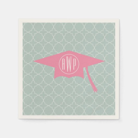 Serviette En Papier Monogramme Casquette de graduation rose + Quatrefo (Devant)