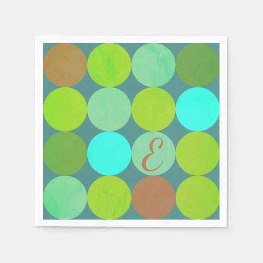 Serviette En Papier Monogramme Cercles Vert Citron Turquoise & Rouille (Devant)