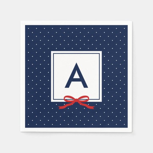 Serviette En Papier Monogramme Chic Rouge Ruban bleu Polka Motif (Devant)
