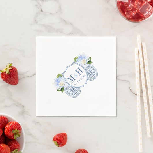 Serviette En Papier Monogramme Chinoiserie Chic Bleu Et Blanc Mariage (En situation)