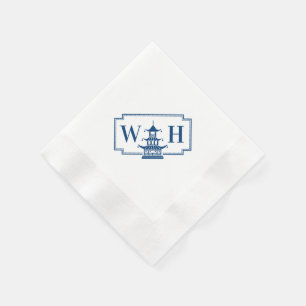Serviette En Papier Monogramme Chinoiserie Pagode Diagonale Marine Nap