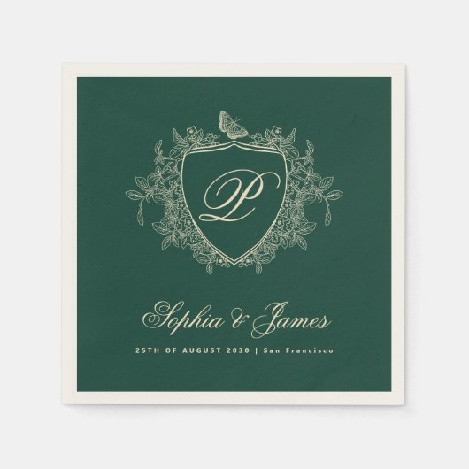 Serviette En Papier Monogramme classique mariage vert émeraude classiq (Devant)