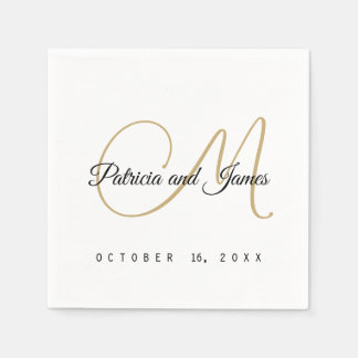 Serviette En Papier Monogramme classique Noir Blanc Or Elégant Mariage