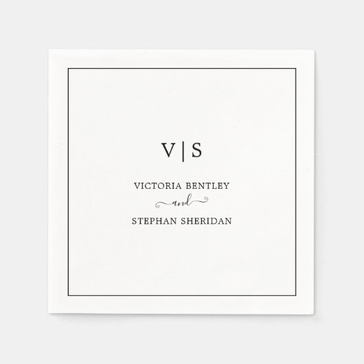 Serviette En Papier Monogramme classique Noir et Blanc Mariage élégant (Devant)