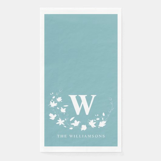Serviette En Papier Monogramme Classique Nom Couronne Florale Sarcelle (Devant)