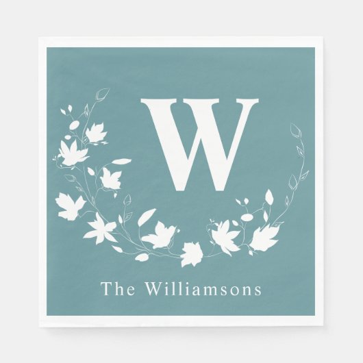 Serviette En Papier Monogramme classique Turquoise de couronne botaniq (Devant)