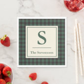 Serviette En Papier Monogramme classique vert noir de bison tartan pla (En situation)