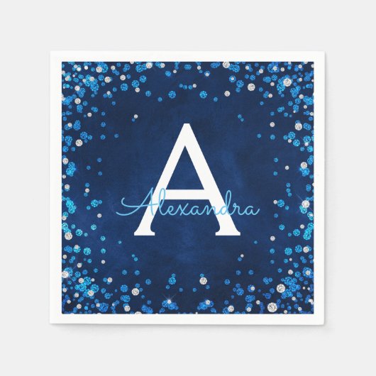 Serviette En Papier Monogramme Confetti en diamant bleu et argenté (Devant)