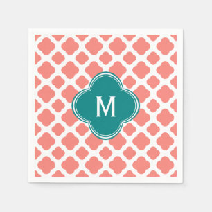 Serviette En Papier Monogramme Coral rose Quatrefoil Motif avec Turquo