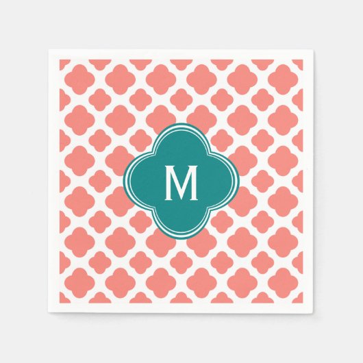 Serviette En Papier Monogramme Coral rose Quatrefoil Motif avec Turquo (Devant)