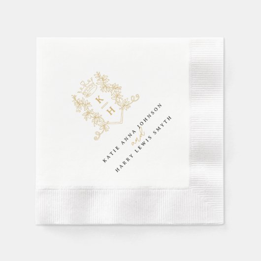 Serviette En Papier Monogramme couronne blanche or noir mariage (Devant)
