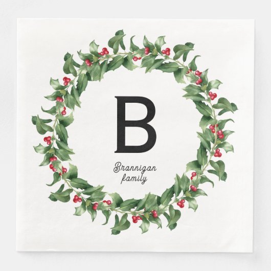 Serviette En Papier Monogramme - couronne classique de Noël (Devant)