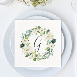 Serviette En Papier Monogramme Couronne Florale Blanche