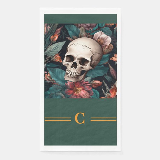 Serviette En Papier Monogramme Crâne et Fleurs (Devant)
